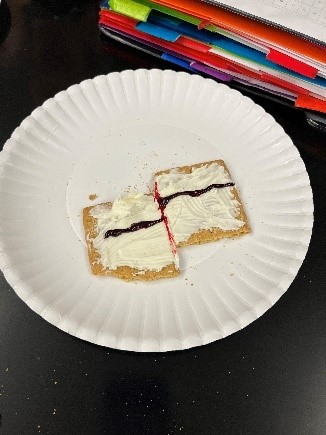 two graham crackers with frosting and line of food coloring down the middle, one slid higher than the other so that the lines don't meet across the two crackers