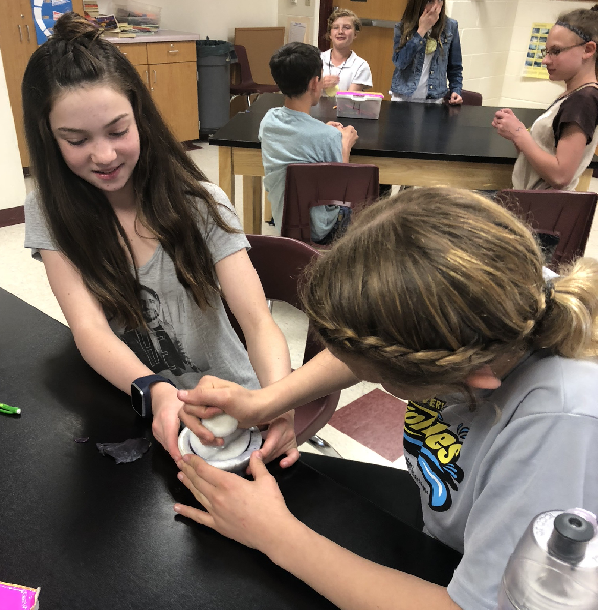 Students crushing a green substance with a mortar and pestle