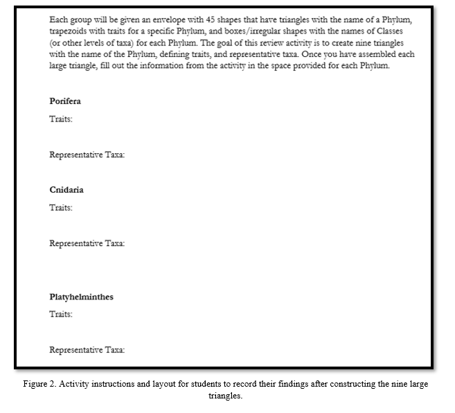 Figure 2. Activity instructions and layout for students to record their findings after constructing the nine large triangles.