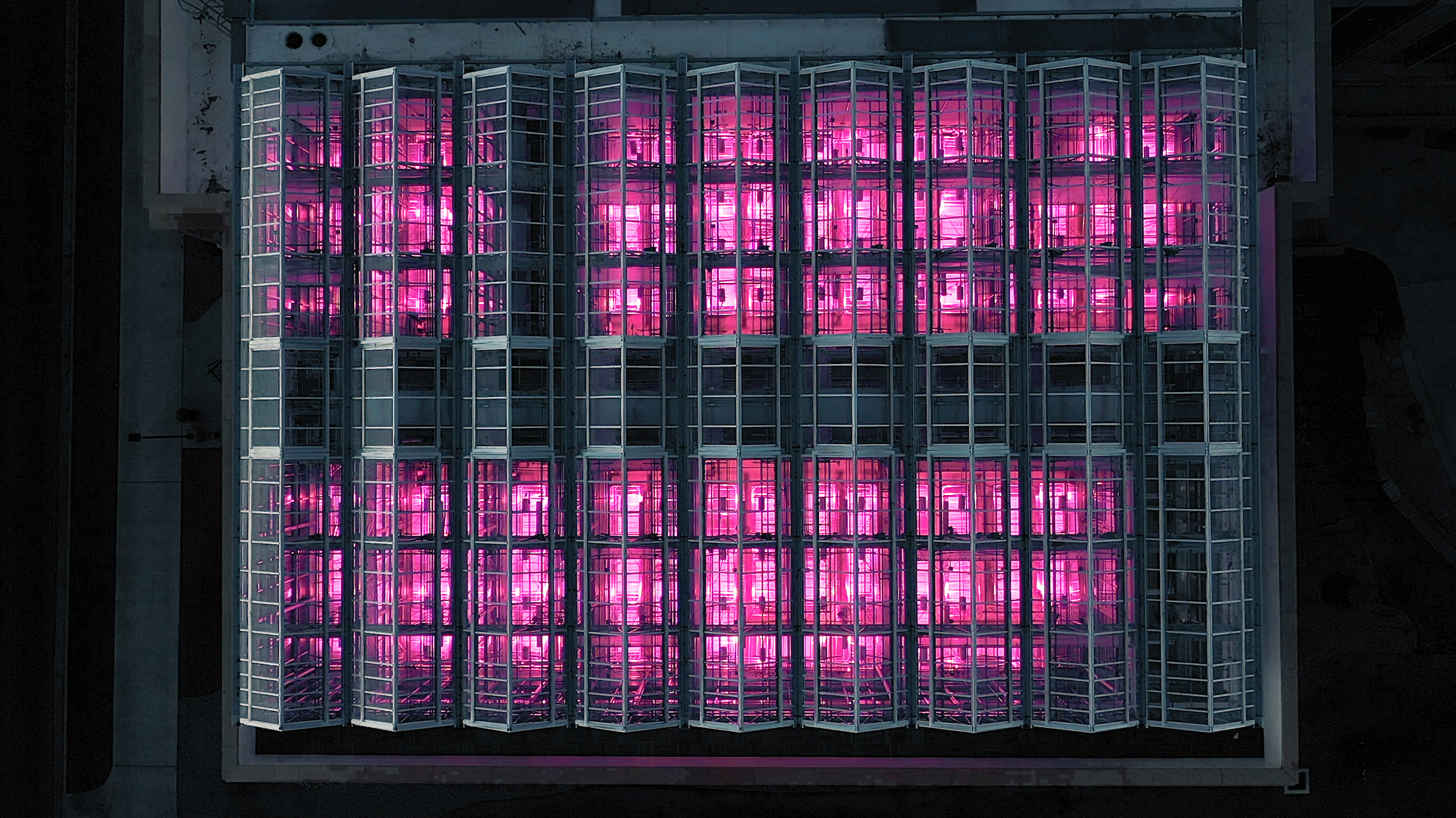 Greenhouse bays from the top at night