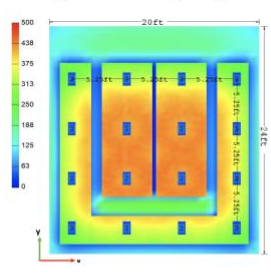 A sample modeled heat map for incoming artificial lighting at bench height in a large room of the Facility