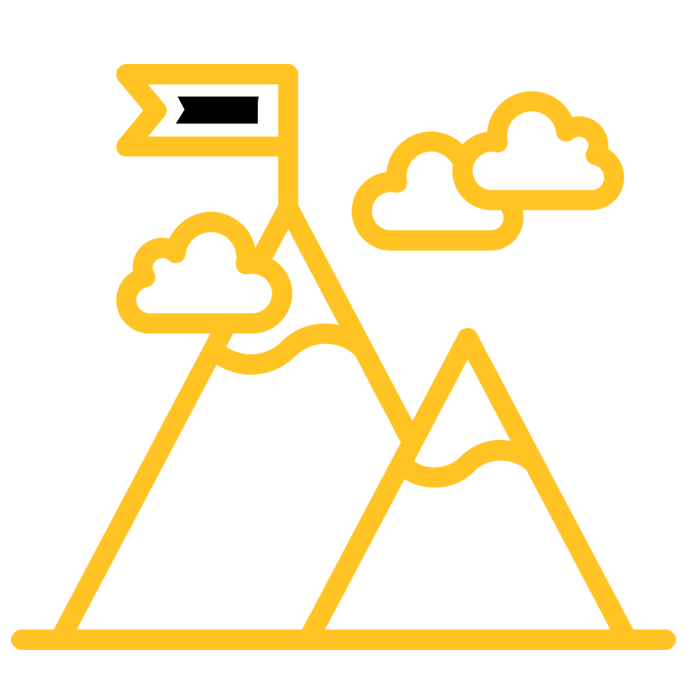 A logo of a mountain range, with flags posted on the tallest peak.