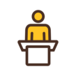 Gold, brown, and white icon of a person at a podium.