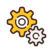 Gold, brown, and grey icon of two gears.