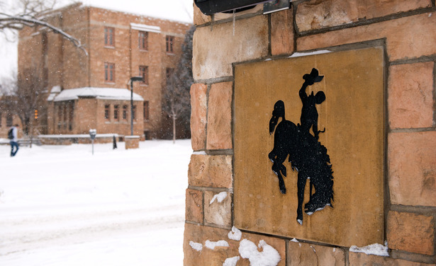 Image of UW logo on a pillar on campus.