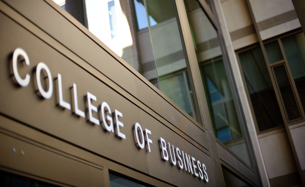 Focused image of the College of Business building.