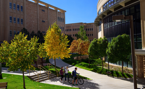 Image of students walking and riding a bike towards the College of Health Sciences building.