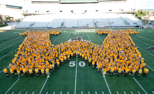Image of a group of students standing together to made UW's "W" symbol on the football field.