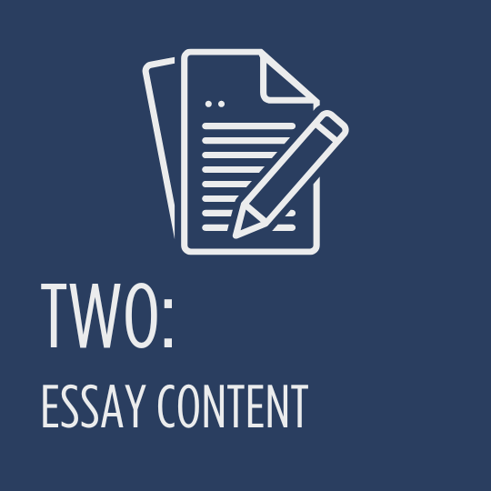 Blue graphic with essay and pencil icon. Says, "Two: Essay content."