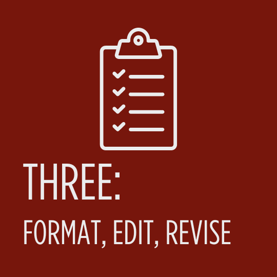 Red graphic, with checklist icon. Says, "Three: Format, edit, revise."