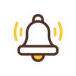 White, gold, and brown icon of a ringing bell.