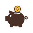 Gold, brown and white icon of a piggy bank.