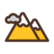 Gold, brown, and grey icon of mountain range. 