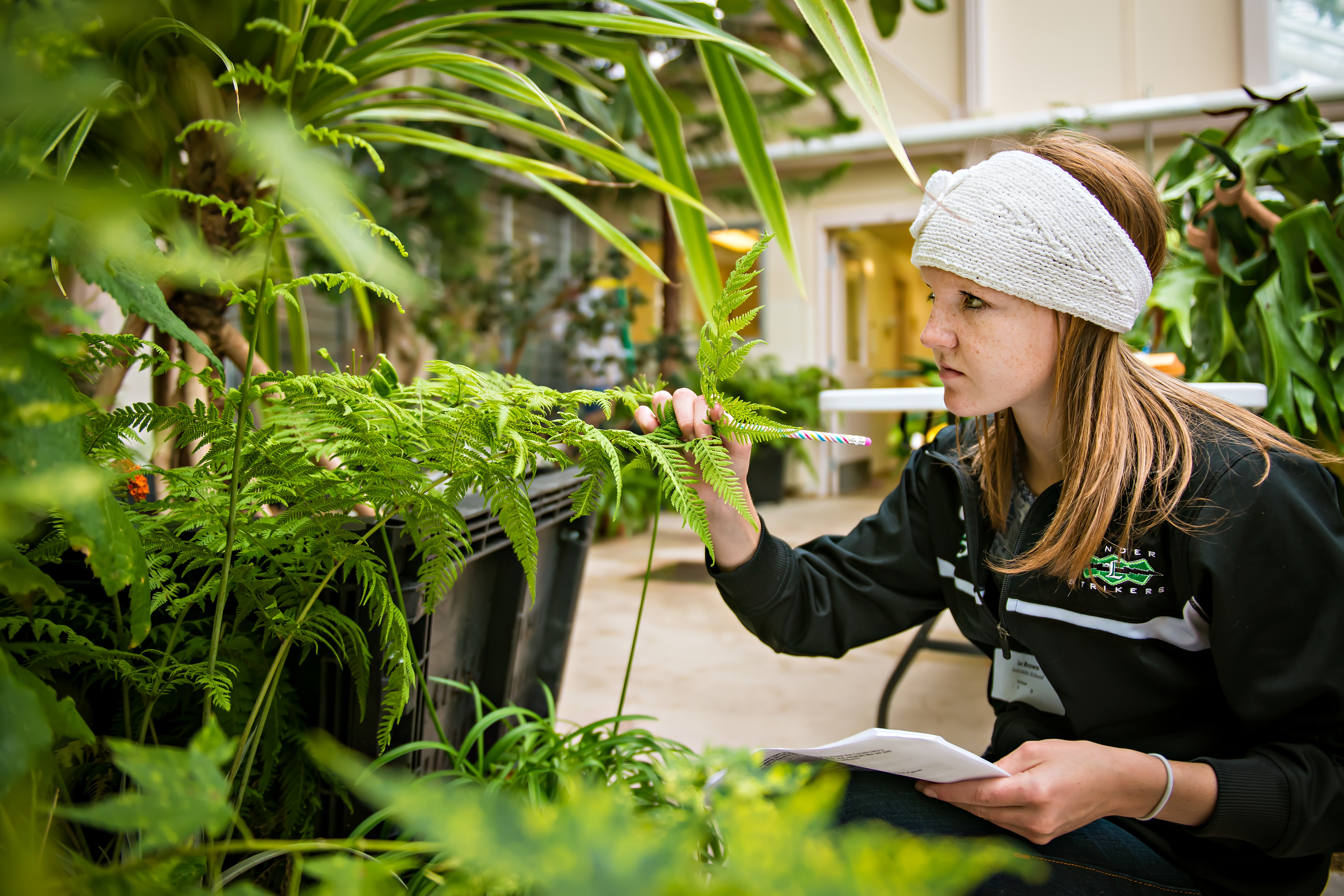 Student observes leaves in greenhouse.