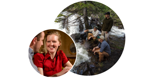 students standing by a river, and students talking at a networking event