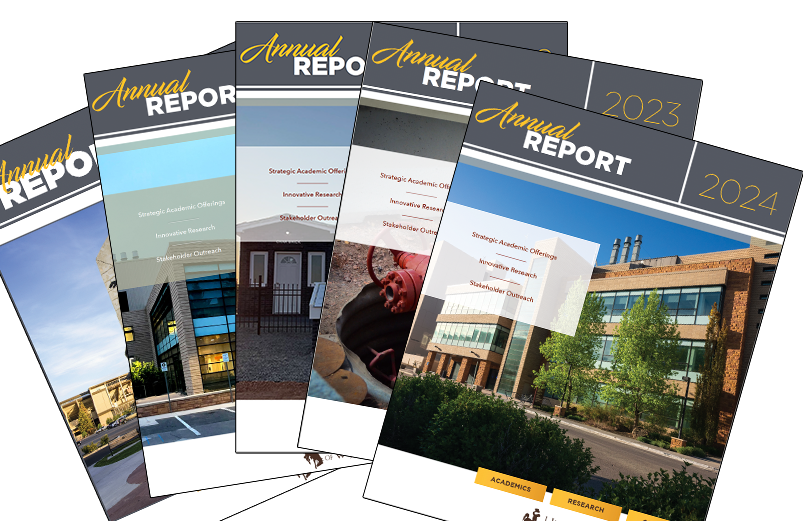 covers of past annual reports in a fanned stack