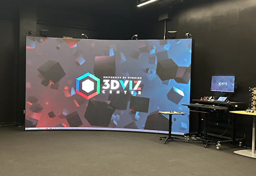Gialnt LED screen display that says 3D Viz Center