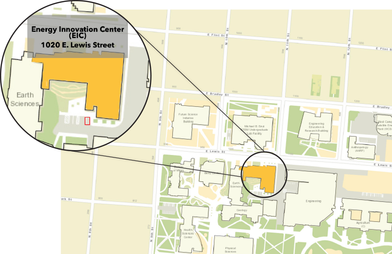 a map of the west side of campus with the Energy Innovation highlighted at 11th and Lews street