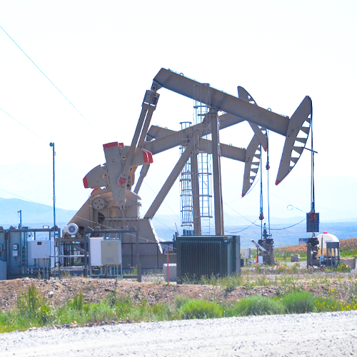 Oil and Gas Pumpjack in field surrounded by wildflowers