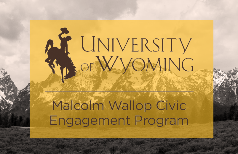 Malcom Wollop Civic Engagement Program text over mountains in black and white