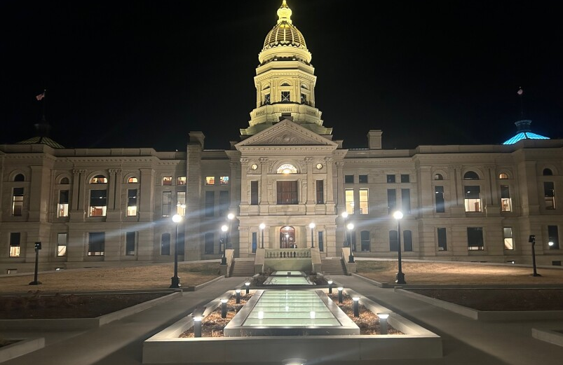 the capitol building in Cheyenne at night overlooking the annex