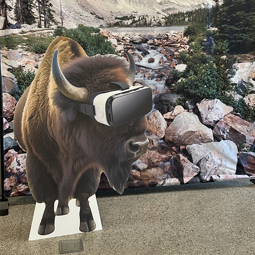 Cardboard cutout of a bison wearing VR headset