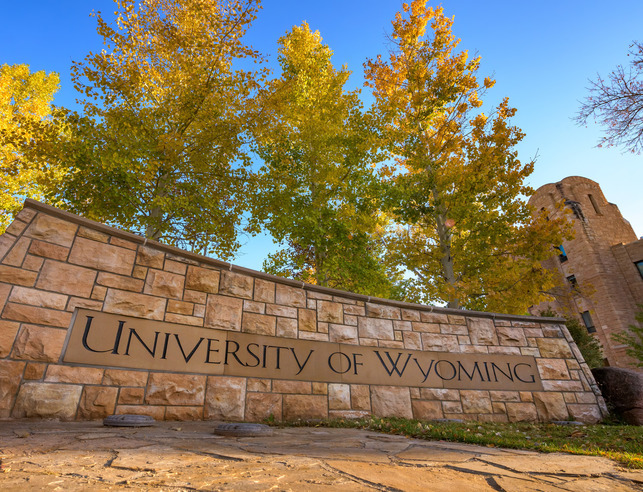 University of Wyoming sign in front of the Wyoming Union
