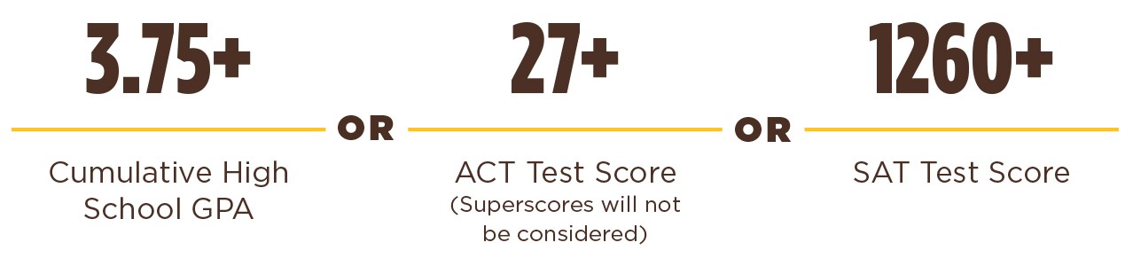 3.75+ GPA or 27+ ACT or 1260+ SAT