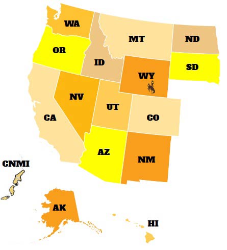 A map depicting the states that qualify for WUE.