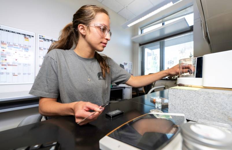 A lab technician actively weighing samples with a micro balance