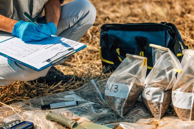 A scientist kneeling with a clipboard, next to their sampled soils. Soil of differing depths and varieties are placed in plastic bags as they are sampled.