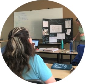 Students presenting and listening to a research presentation