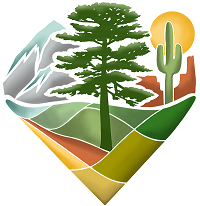 Colorful logo with stylized tree, clouds, and landscape