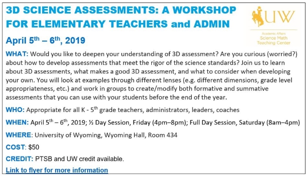 Advertisement for K-5 Assessment Workshop in Spring 2019