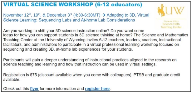 Advertisement for 6-12 Virtual Science Workshop in Fall 2020