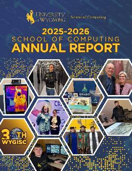 The Annual Report for the 2025-2026 School of Computing with honey comb hexagonal picture of students in compuitng facilities, graduation, doing field resarch, in the Data X-studio, and the Geringer special lecturer 