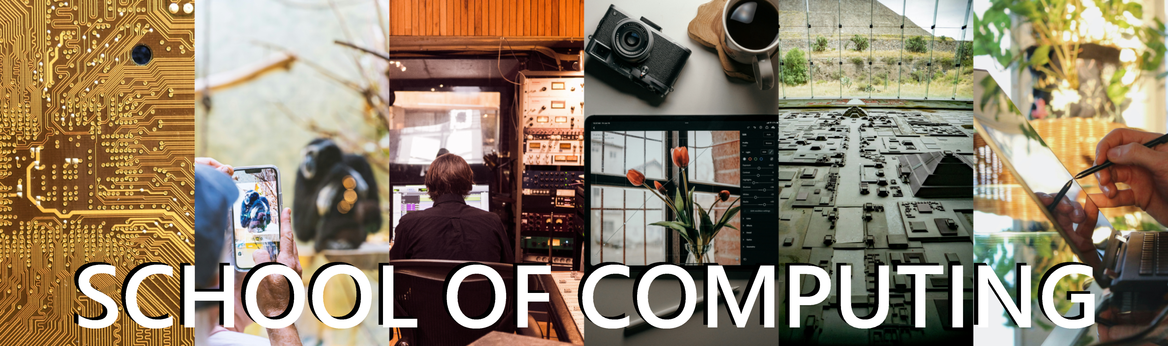 Collage of six different computing related images.