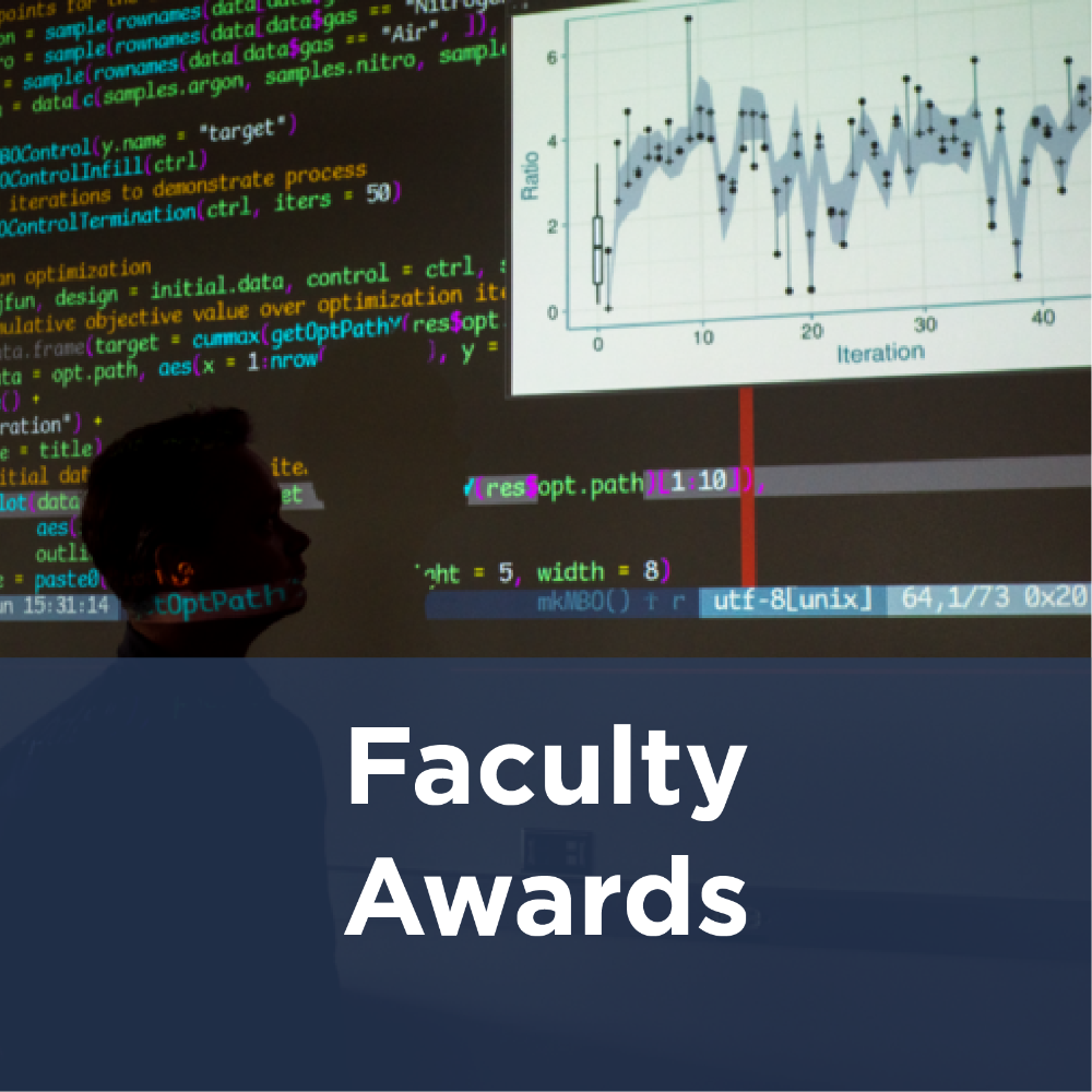 faculty awards icon - person in front of projector with code