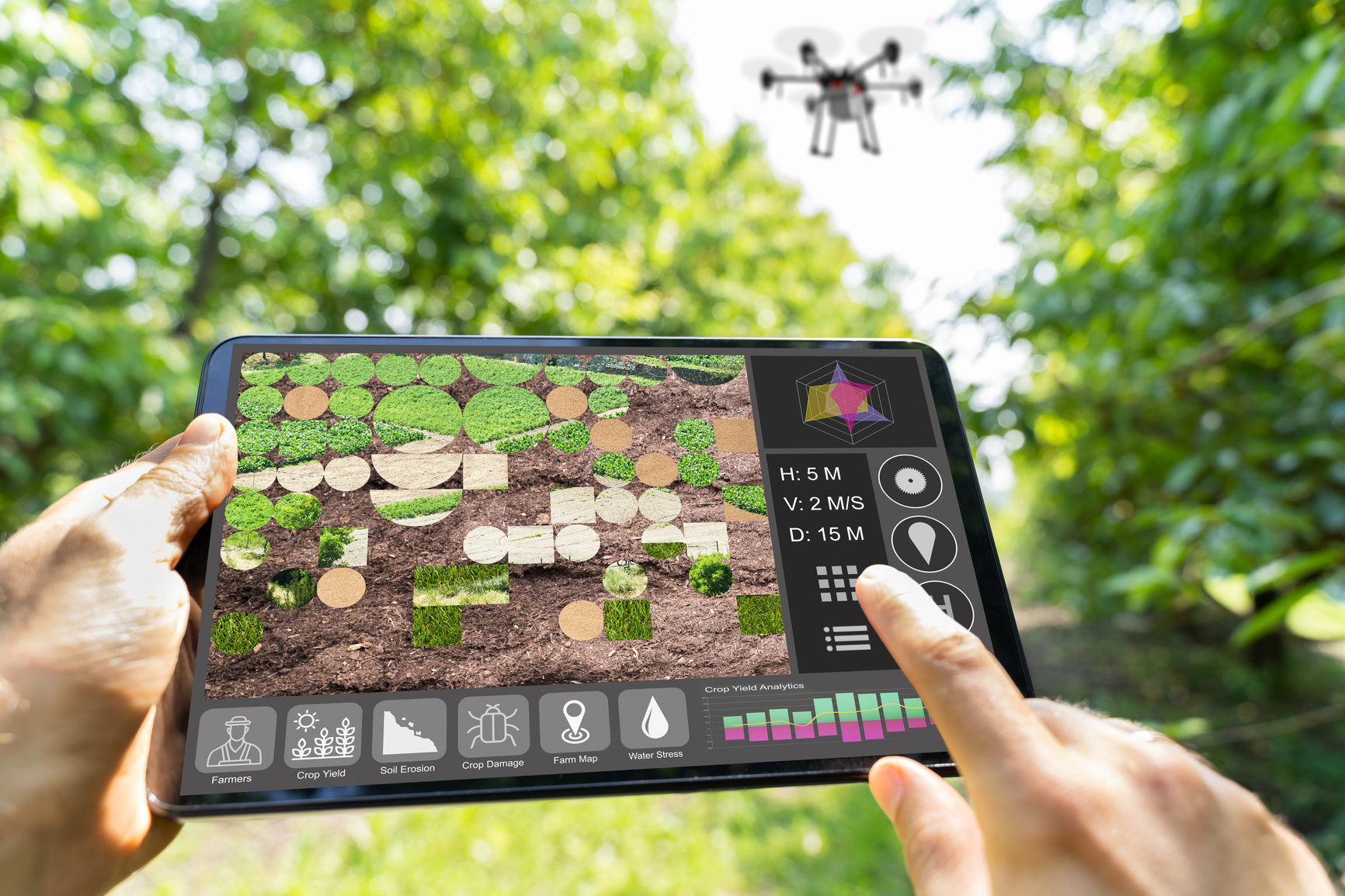 A tablet being held up in a forest, with a drone behind it.