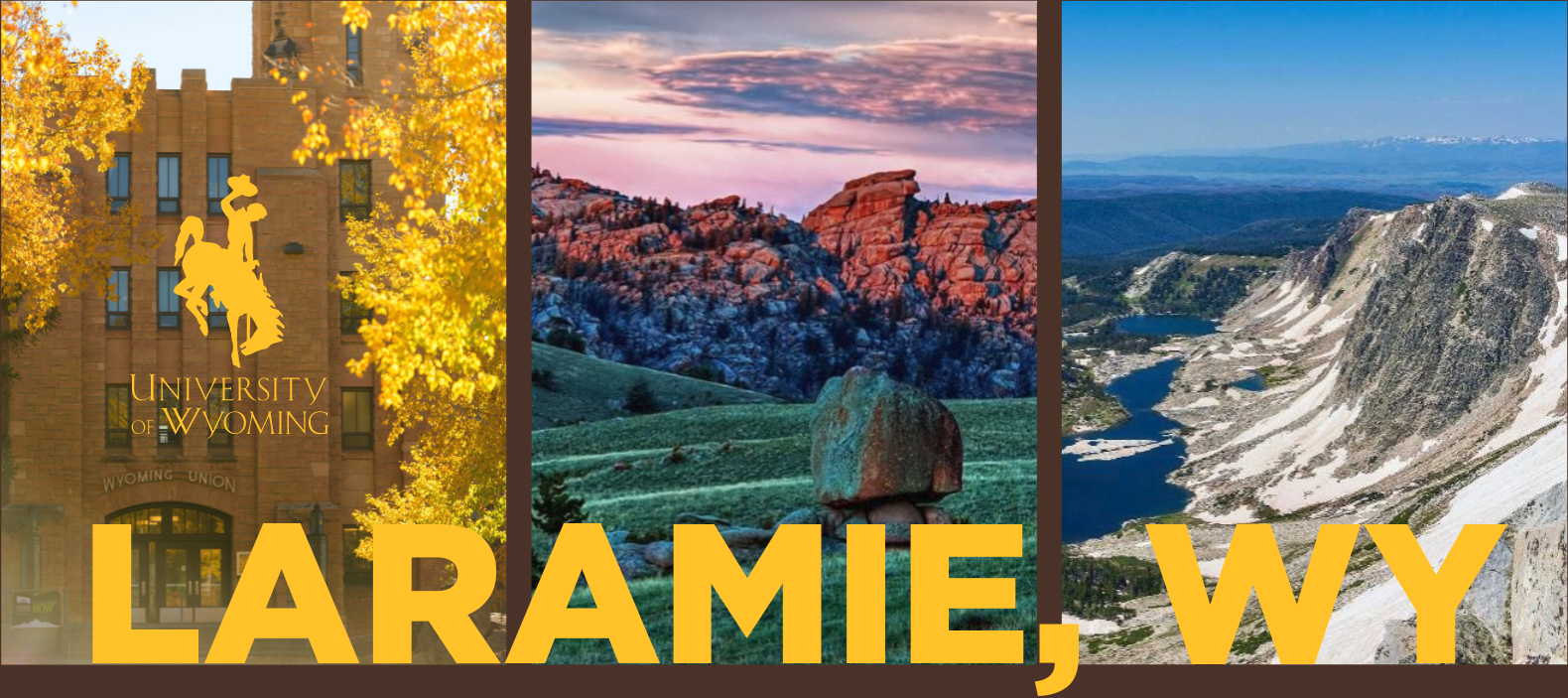A three photo collage of a campus building, vedauwoo at sunset, and the tetons.