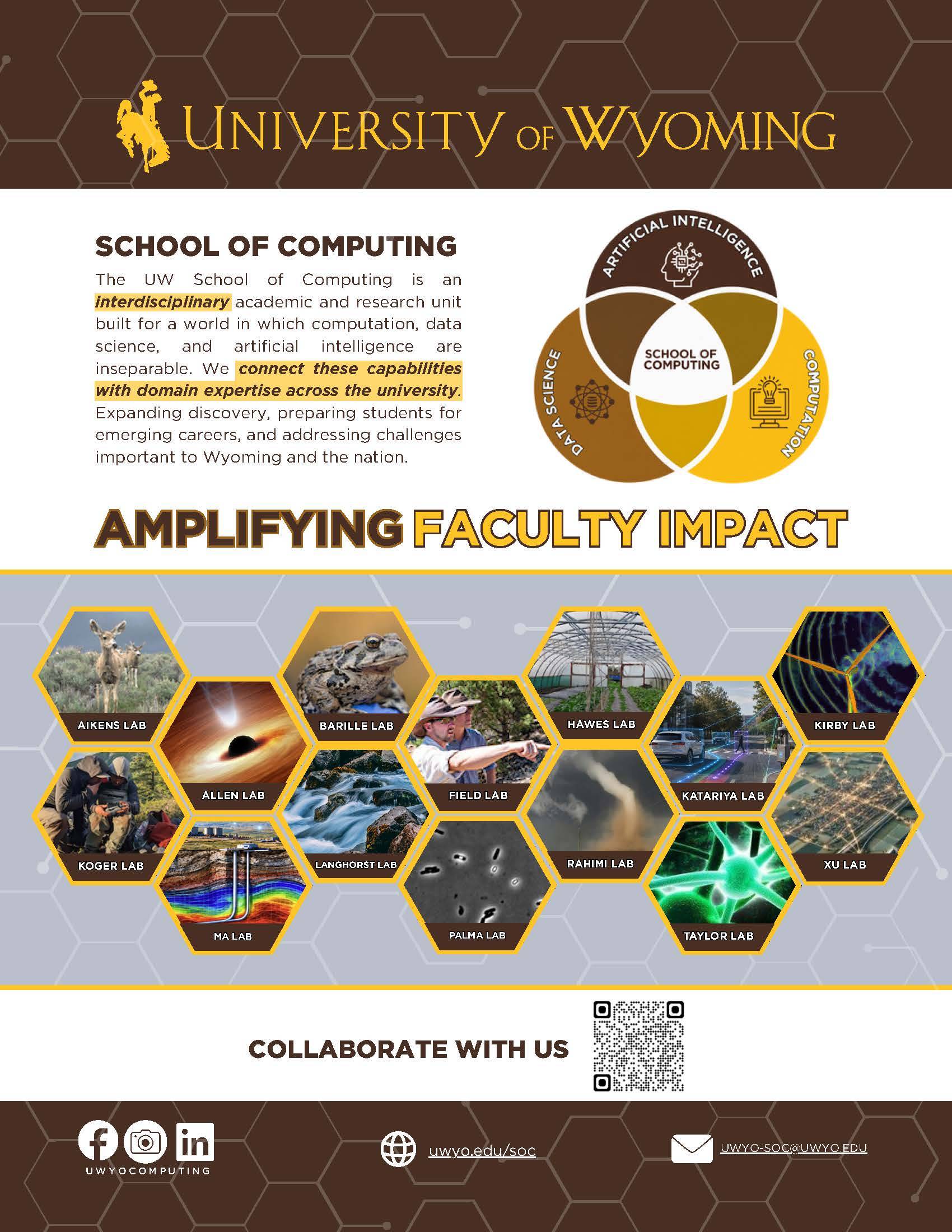 University of Wyoming School of Computing Amplifying Impact. The UW SoC is an interdisipnary academic and research unit built for a world in which computation data science and artificial inteligence are inseparable