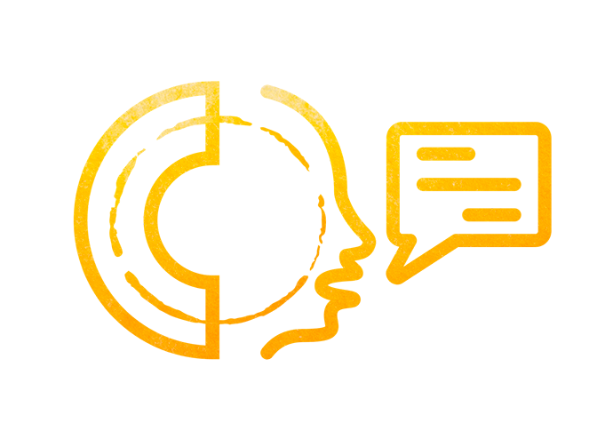 schematic logo of person talking