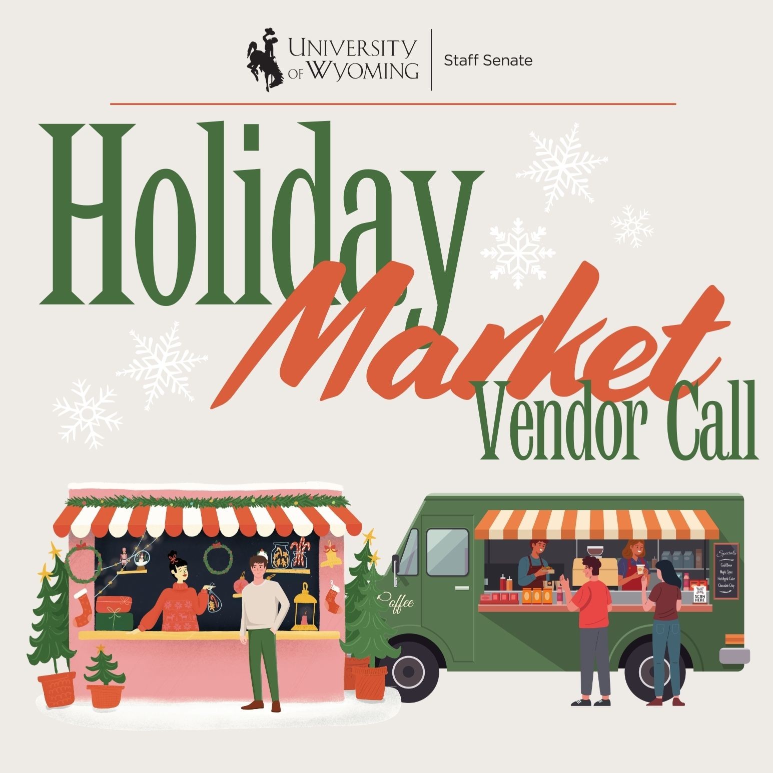 UW Staff Senate Holiday Market Vendor Call with cartoon vendor stalls