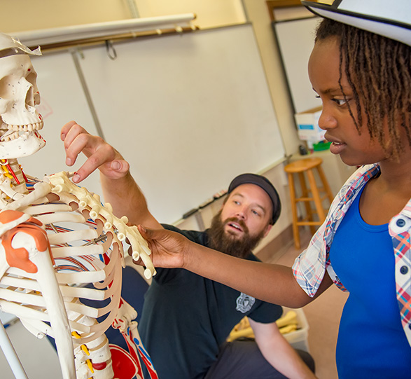 Student and Teacher examining skeleton