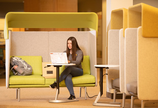 A UW student works on a research project in an individual study space.