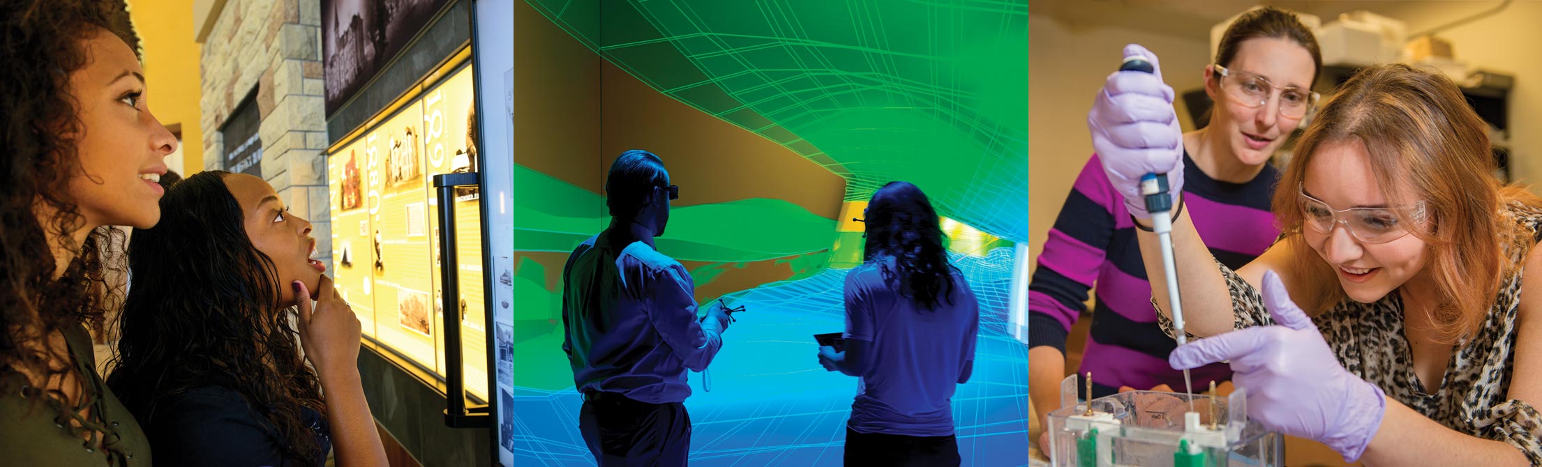 Visitors in the gateway building, two people in the 3D cave and two people working in a lab