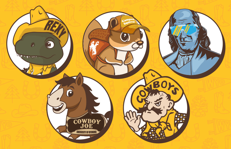 Photo of five campus characters, Pistol Pete, Cowboy Joe, Campus Squirrel, Ben Franklin, and Rexy
