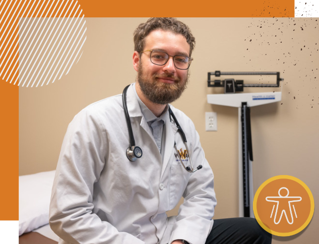 Doctor sits on table in front of scale