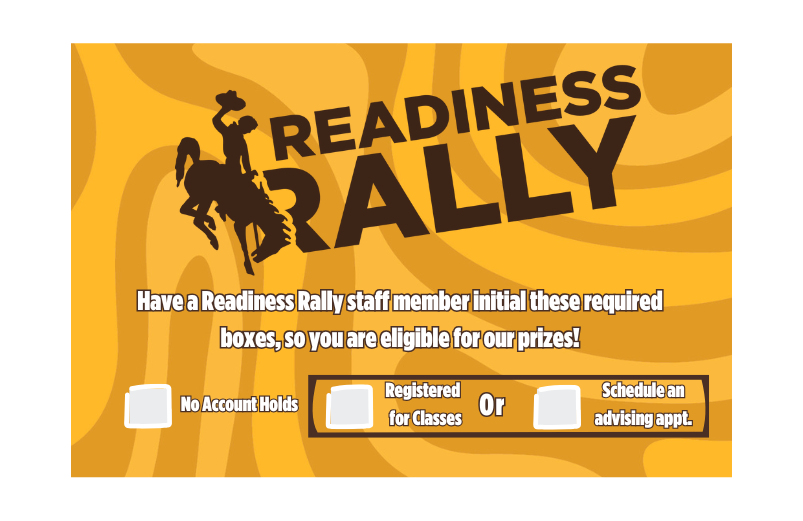 Event card example with "Readiness Rally" title, a message saying Have a Readiness Rally staff member initial these required boxes, so you are eligible for our prizes!" At the bottom of the card there are three boxes to check with descriptions of "remove holds," "register for classes" and "schedule an advising appt."