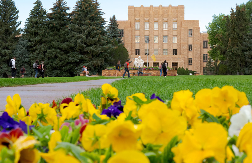Flowers in foreground with statue and students talking in background